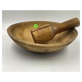 PRIMITIVE HAND CARVED 10" BOWL WITH WOOD MASHER