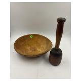 PRIMITIVE HAND CARVED 10" BOWL WITH WOOD MASHER