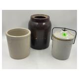 PRIMITIVE STONEWARE CHEESE CROCK, CANNING JAR &