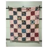 HAND STITCHED ANTIQUE SQUARE PATTERN QUILT - 66" X