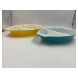 PYREX YELLOW AND BLUE DIVIDED CASSEROLE DISHES
