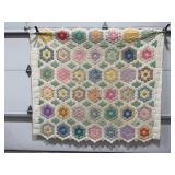 HAND STITCHED ANTIQUE FLOWER PATTERN QUILT - 73" X