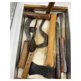 LOT OF BLACKSMITH MADE TOOLS - HATCHET, SCRAPER,