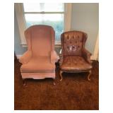 LOT OF 2 HIGH BACK CHAIRS AND TWO WOOD END TABLES