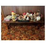 COFFEE TABLE FULL OF CHICKEN FIGURINES AND DECOR