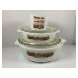FIRE KING MILK GLASS NATURES BOUNTY CASSEROLE