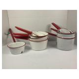LARGE LOT OF ENAMELWARE POTS, LADELS AND MORE