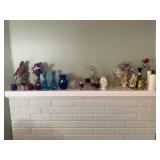 CONTENTS OF FIREPLACE MANTLE - COBALT BLUE VASES,