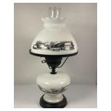 CURRIER & IVES MILK GLASS ELECTRIC HURRICANE LAMP