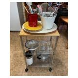 ROLL AROUND METAL KITCHEN ISLAND WITH CONTENTS -