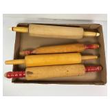 LOT OF 4 RED HANDLED & OTHER ROLLING PINS