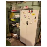 METAL 2 DOOR CABINET AND SHELVING UNIT W/CONTENTS-