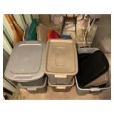 LOT OF ASSORTED TOTES WITH LINENS AND EXTRA LIDS