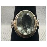 LARGE GREEN AMETHYST SOLID SILVER RING - SIZE 8