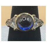 GOLD PLATED .925 SILVER BLUE CABOCHON RING-