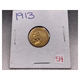 1913 2 1/2 DOLLAR INDIAN HEAD GOLD COIN
