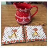 Ceramic Pitcher & 2 Quilt Pot Holders