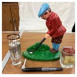 Cast Iron Golfer Figurine & Accessories
