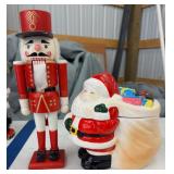 Wood Nutcracker and Ceramic Santa Jar