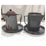 Enamel Coffee Pots & Pilate Set