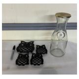 Glass Jug With Owl-Shaped Trivets Set