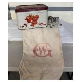 Metal Bread Box, Mouli Shredder, and Sugar Sack