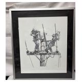 Framed Drawing of Linemen on a Power Pole