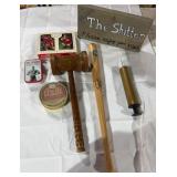 Sign, Bat, Gavel, Vintage Tins