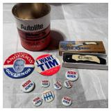 Political Pins, Road Runner Knife, Autolite