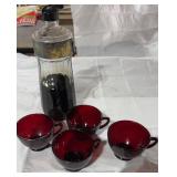 Red Glass Cups &  Glass Dispenser