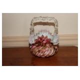 Pink and rose art glass basket with thorn