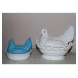 Milk glass hen on nest with lattice trim and blue