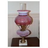 Fenton cranberry hobnail lamp with marble base