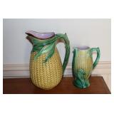 Majolica corn pitcher marked with an R in a