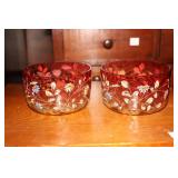 2 Hand-painted cranberry glass bowls with floral