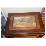 Wooden box containing copper powder flask and