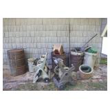 Lot - hose reels, burn barrel, galvanized