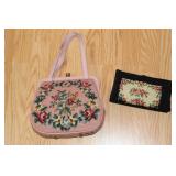 Pink needlepoint handbag and a clutch