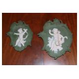 2 Green Jasperware Germany cherub wall plaques