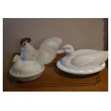 Milk glass duck and hen on a nest and an extra