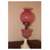 Fenton cranberry swirl optic table lamp with milk