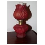 Miniature red satin tulip design oil lamp