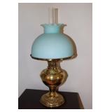 Brass oil lamp with blue shade (not electrified)