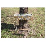 Lot - wrought iron plant stand, trellis, bunny