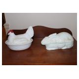 Milk Glass hen on nest and bunnie patd March
