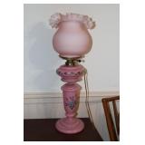 Hand blown rose pink Bristol glass lamp with hand