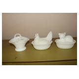 Milk glass cat and hen on nest and a handled