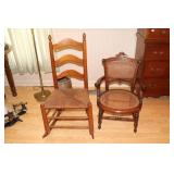 Victorian cane chair and a rush bottom rocking