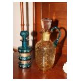 Amber and blue decanter/cruet and a blue perfume