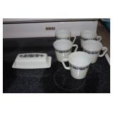 Pyrex Old Town blue butter dish and 5 cups